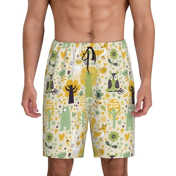 Balery Animal Tree Pantalones cortos de pijama de punto de algodón para hombre con cinturilla y bolsillos-Medium