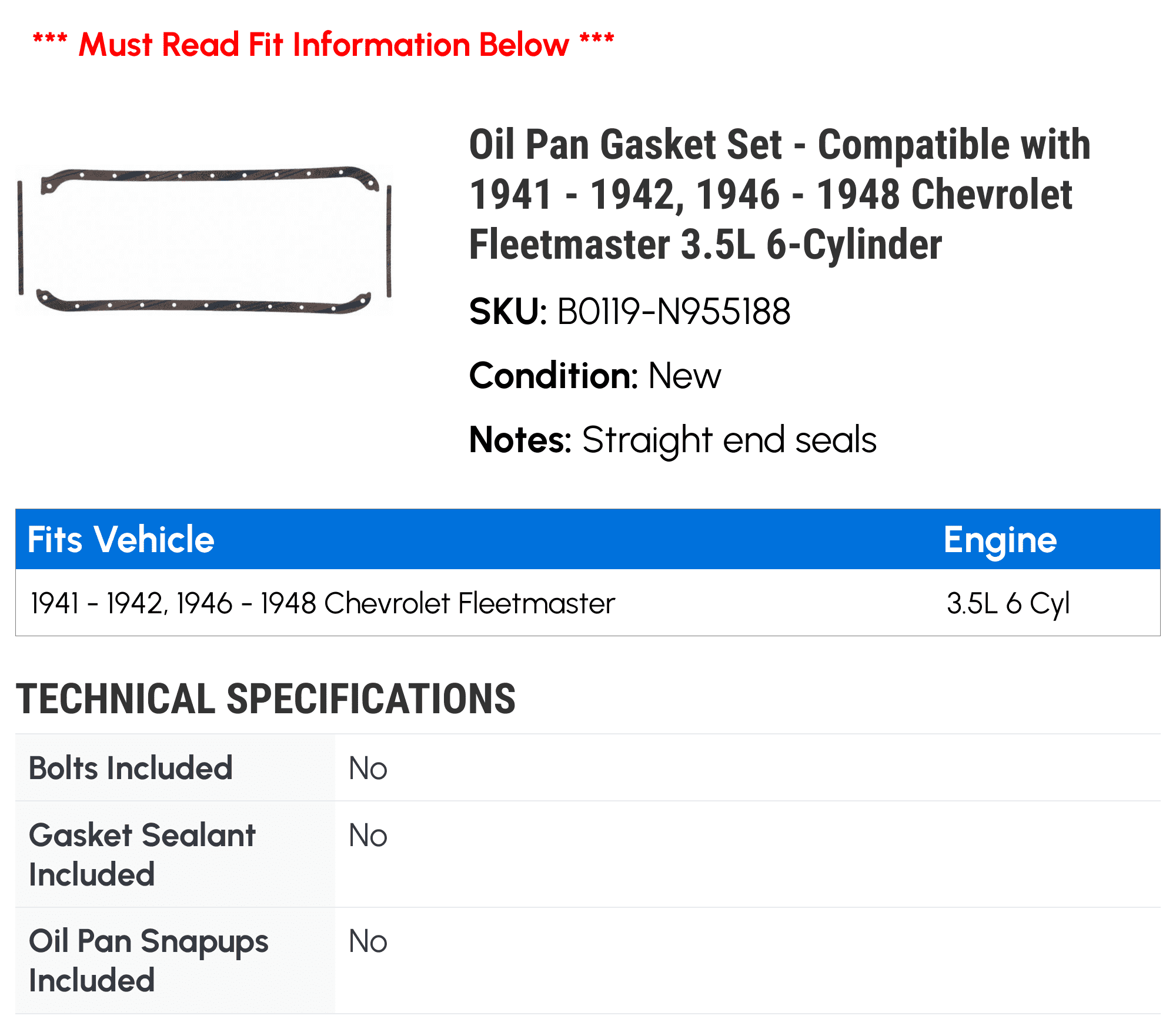 Oil Pan Gasket Set - Compatible with 1941 - 1942, 1946 - 1948 Chevy Fleetmaster 3.5L 6-Cylinder 1947