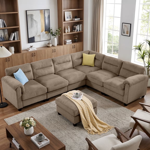 Bonzy Home Convertible Modular Padded Sectional Sofa Couch with Foam Frame & Ottoman for Living Room - Brown