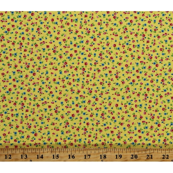 Cotton Tiny Flowers Tossed Red and Blue Floral on Yellow Small Scale Floral Cache Cotton Fabric Print by the Yard (1649-28883-S)
