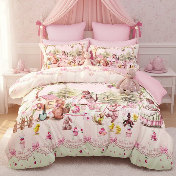 JOLUSERE Cartoon Pink Comforter Full Set,3-Pieces Lovely Kitten Pattern Bedding Set for Kids