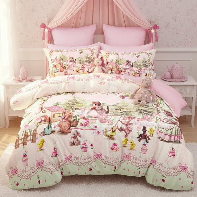 JOLUSERE Cartoon Pink Comforter Queen Set,3-Pieces Lovely Kitten Pattern Bedding Set for Kids