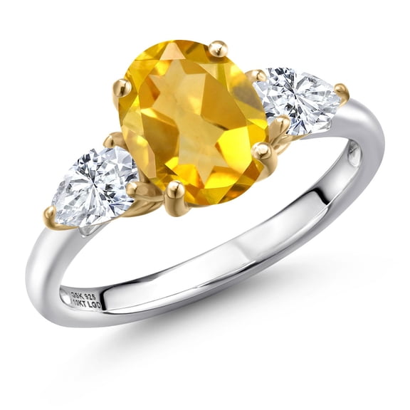Gem Stone King 925 Silver and 10K Yellow Gold Yellow Citrine and White Moissanite Engagement Ring for Women | 2.30 Cttw | Oval 9X7MM | Gemstone November Birthstone | Size 5