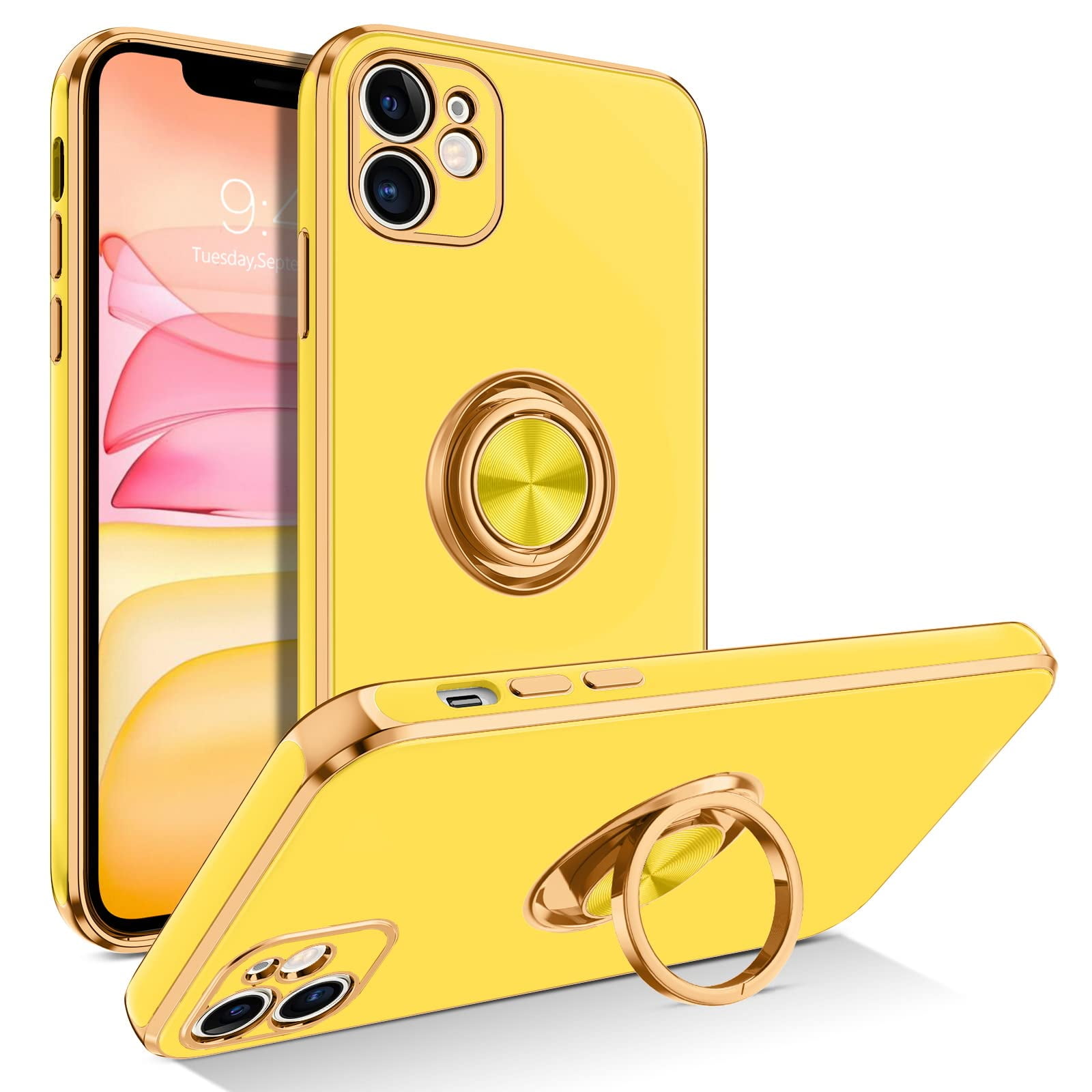 iPhone 11 Case with 360° Ring Holder, Shockproof Slim Kickstand Magnetic  Support Car Mount Women Men Non-Slip Protective Phone Case for iPhone 11 6.1",  Lemon Yellow/Gold