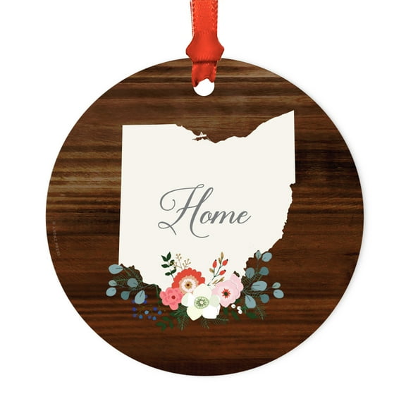 US State Round Metal Christmas Ornament, Rustic Wood with Florals Home, Ohio, Includes Ribbon and Gift Bag