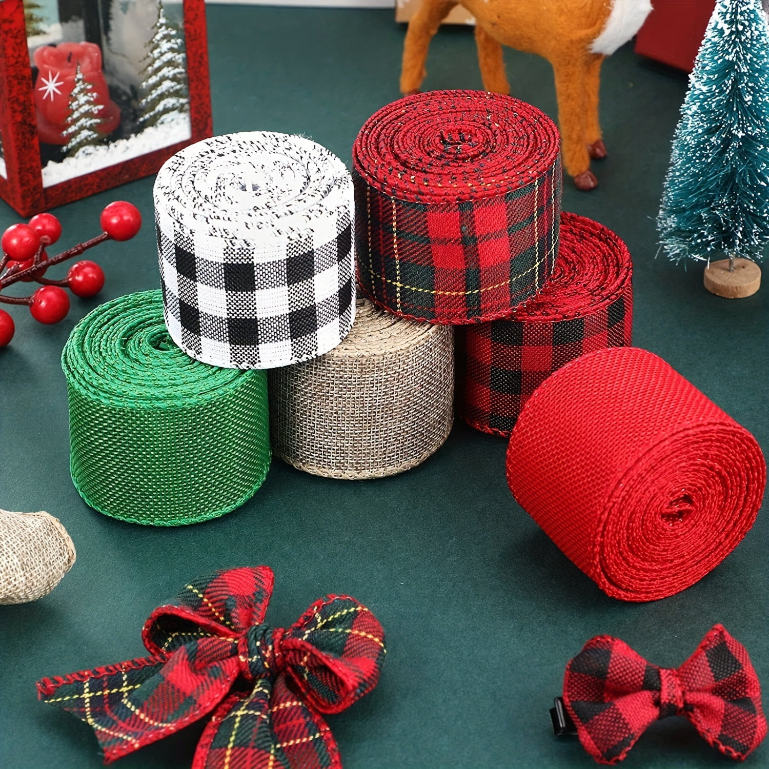 Dalrosia 6PCS Christmas Wired Edge Ribbons Burlap Fabric Ribbon Roll Black Red White Buffalo Plaid Ribbon Wide Craft Ribbon Xmas Tree Crafts Decoration DIY Gift Wrap,2 Inch X 5 Yards Each Roll