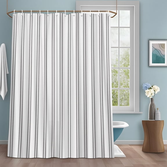 Ticking Stripes Shower Curtain with Hooks, Farmhouse Vertical Lines Grey White Water Repellent Shower Curtains for Bathroom Decor Sturdy Shower Curtain, Machine Washable 72x96 Inch