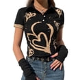 thumbnail image 1 of VISgogo Camisa de mujer, manga corta, cuello de solapa, estampado de corazón, informal, fiesta, casual, tops cortos, jersey elástico VISgogo moda, 1 of 9