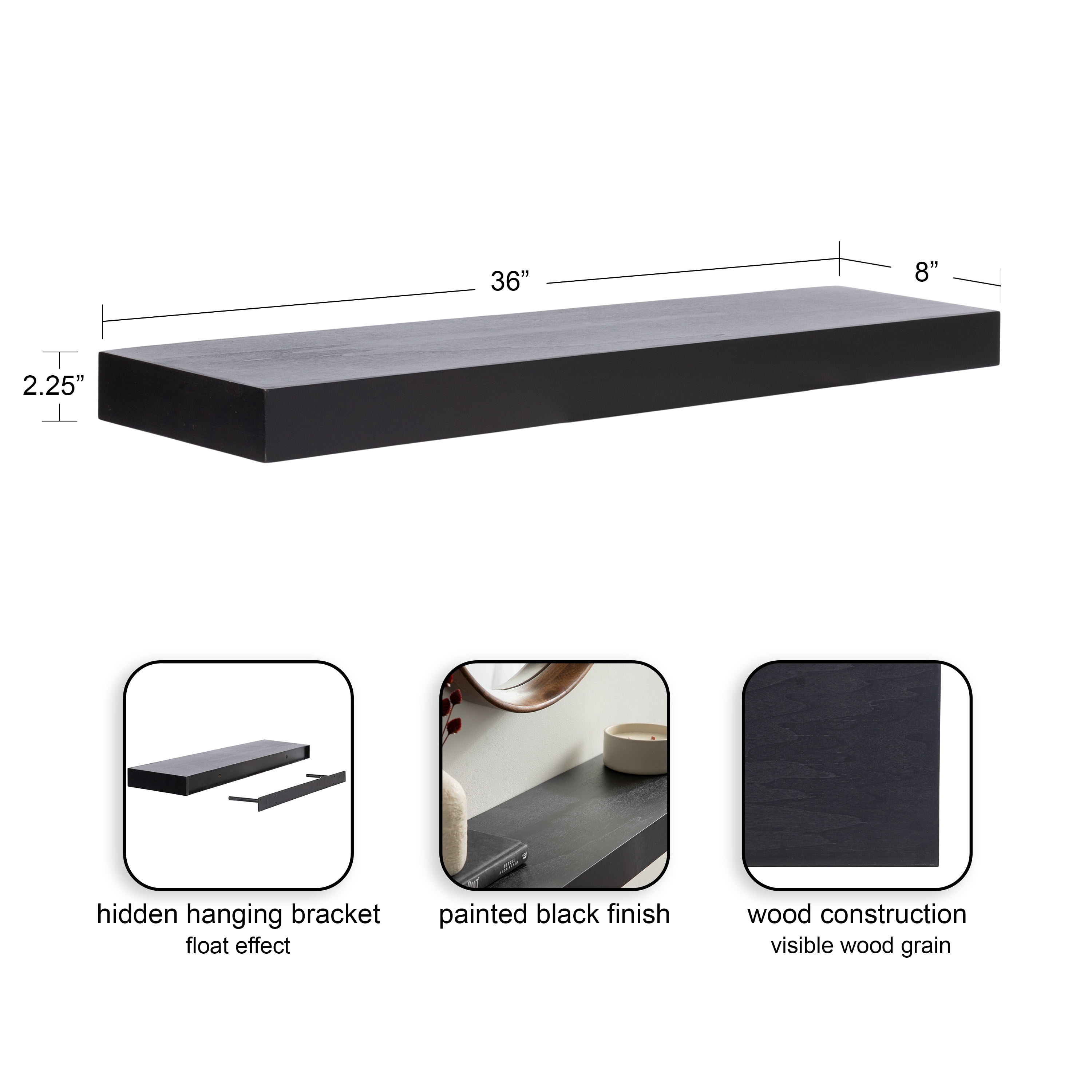 Kate and Laurel Havlock Modern Natural Floating Shelf, 36 x 8, Black, Functional Bathroom and Kitchen Shelf for Storage and Display of Picture Frames or Plants