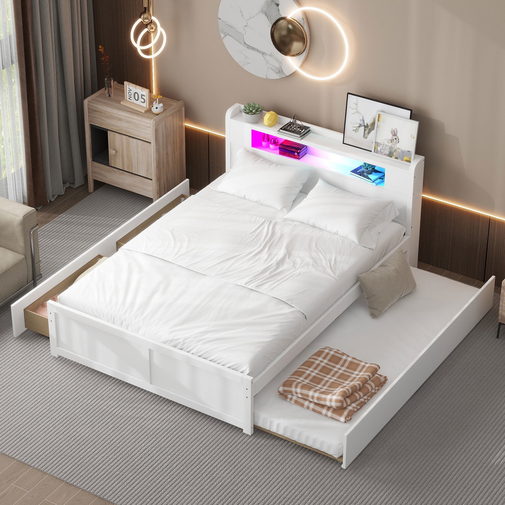 Euroco Wood Queen Size Platform Bed with Storage Headboard, Drawers Trundle and LED Light for Adults, White