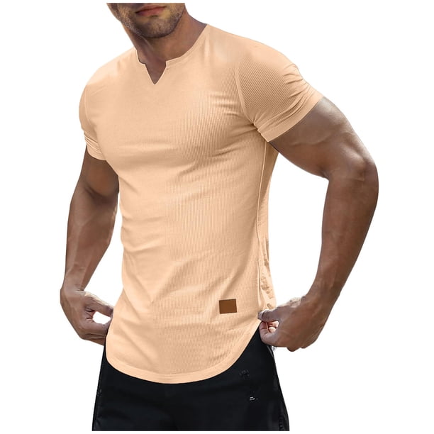 Blusas y camisas de manga corta con cuello en V para hombre, estilo casual, de color liso, con textura vertical, de manga corta y cuello en V.
