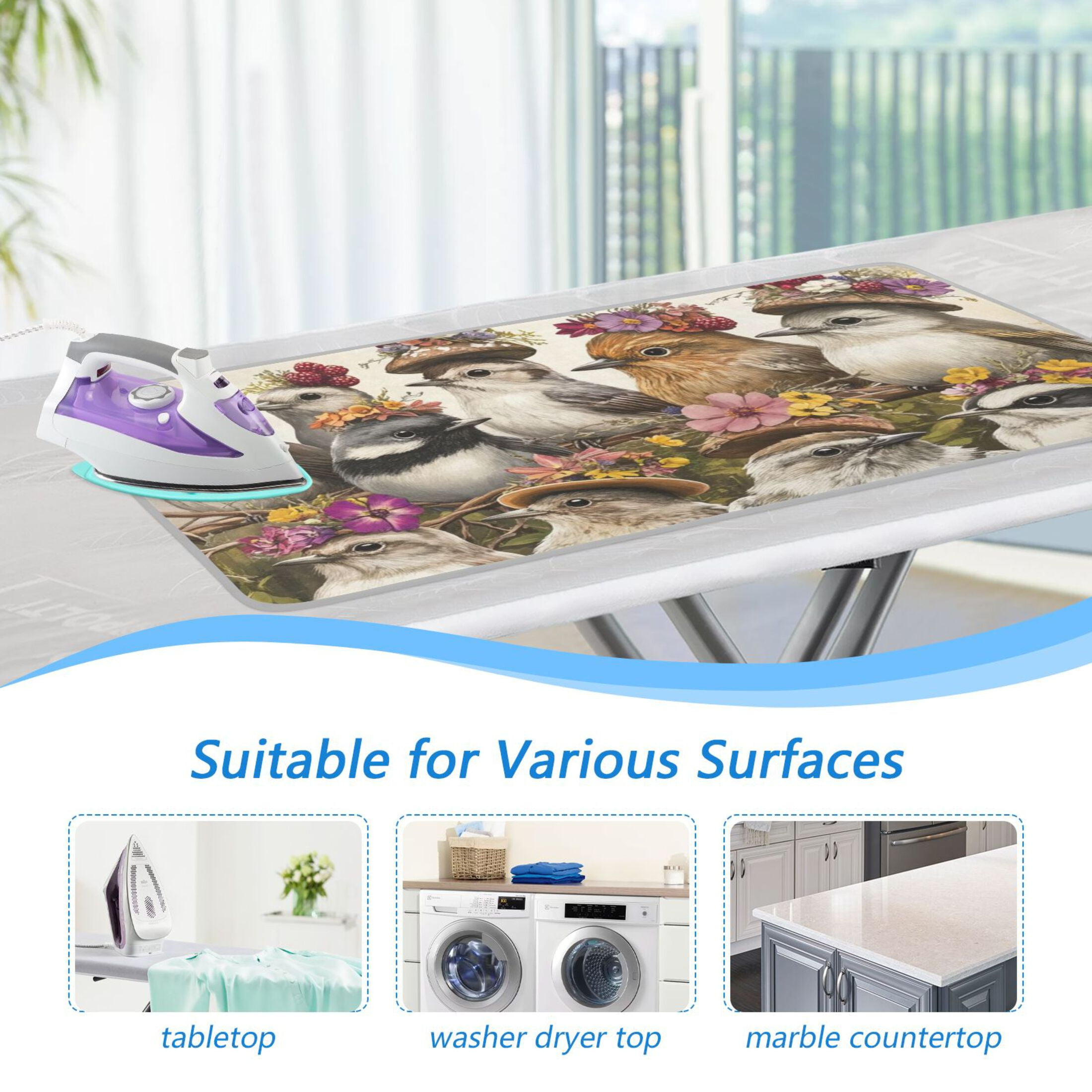 Gray Various Birds Ironing Mat Blanket for Table Top Travel Portable Ironing Board Pad 47.2x27.6 Inch