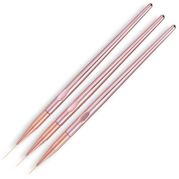 SILPECWEE 3 pinceles de diseño de uñas de oro rosa, pinceles finos para decoración de uñas, pinceles para uñas, pinceles para uñas, bolígrafos para decoración de uñas (11 mm/15 mm/20 mm)