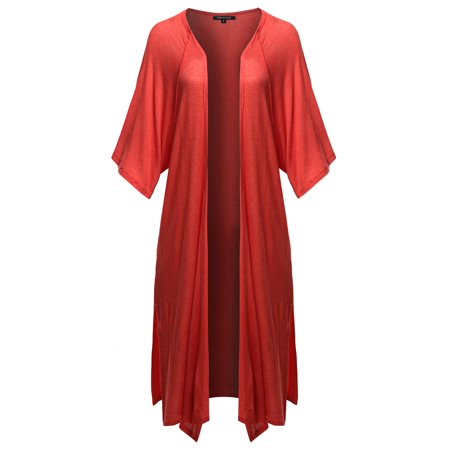FashionOutfit Women's Solid Kimono 3/4 Sleeves Wrap Side Slits Long Cardigan