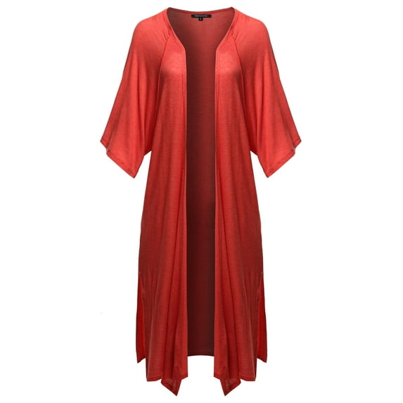 FashionOutfit Women's Solid Kimono 3/4 Sleeves Wrap Side Slits Long Cardigan