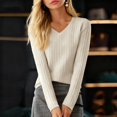 thumbnail image 4 of Cozy Sweaters for Women Casual Long Sleeve Loose V-Neck Knit Solid Color Pullover Tops Beige One Size, 4 of 6