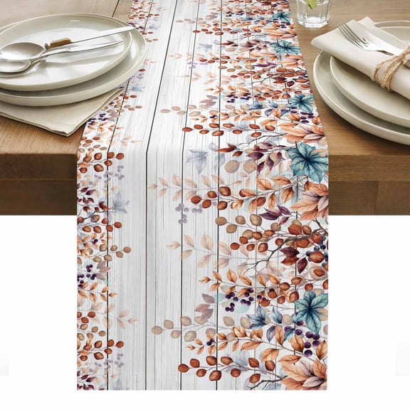 Orange Brown Eucalyptus Leaves Table Runner - 120 Inch Long, Kitchen Dining Table Runner Dresser Scarves, Botanical Farm Rustic Wood Farmhouse Decor for Coffee Tables Wedding Party Banquet