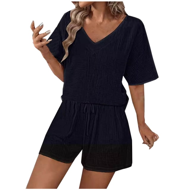 ameIAEA Two Piece Short Set for Women Short Sleeve V Neck Tops Drawstring Shorts Lounge Outfit