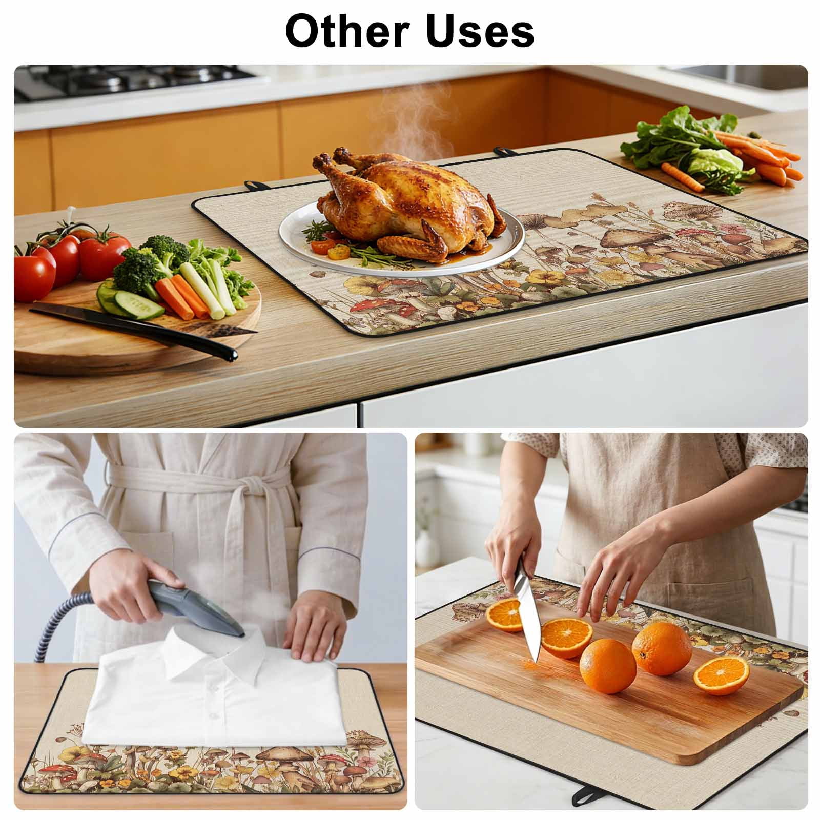 Mushroom Stove Top Cover for Electric Stove, Heat-proof & Non Slip Glass Top Stove Cover Protector, Farmhouse Summer Botanical Floral Rustic Kitchen Flat Cooktop Rubber Mat 24x21 Inches