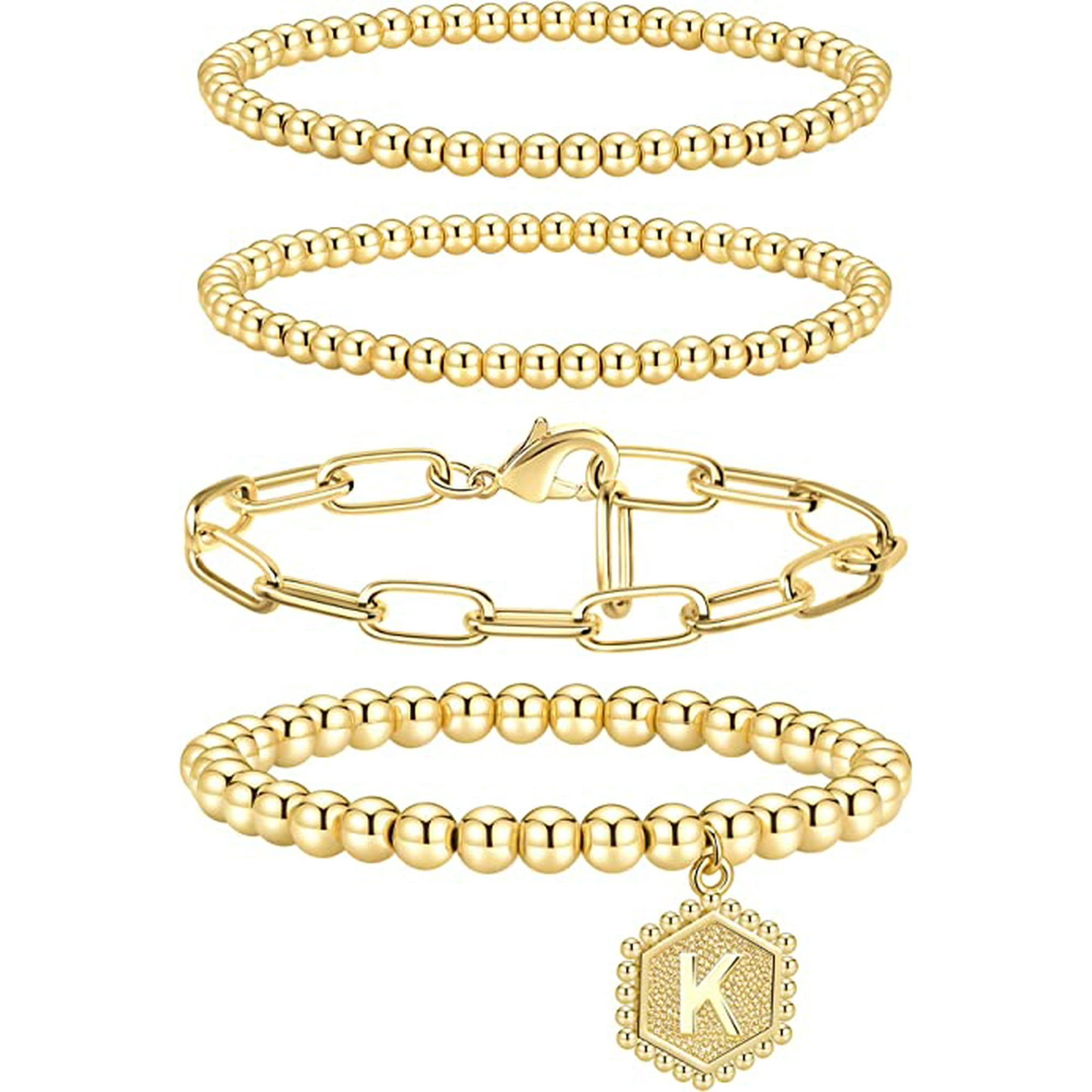 CLEARANCE! Gold Beaded Bracelets for Women, Stackable Gold Bracelets Set  for Women Men 14K Real Gold Plated Stretch Bead Ball Bracelet with Letter  Pendant 