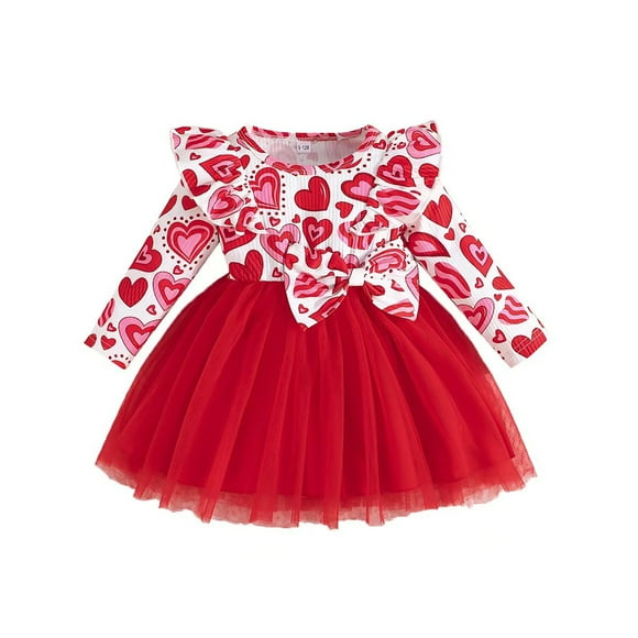 PMVFHDE Girls Dresses - Toddler Girl Valentines Heart Print Tutu Dress for Adorable Layered Skirt Soft Comfort Fabric Playful Design for Little Fashionistas Red,9-12 Months