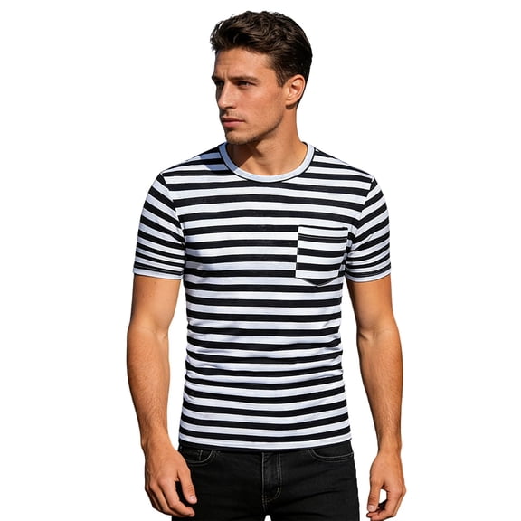 Rggeeun Men'S T-Shirt Stylish Thin White Black Stripes Pattern Short Sleeve Round Neck Relaxed Fit Knit For Summer Baseball Sports Trendy Tee,Black,L