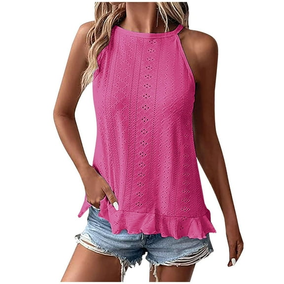 Diufon Summer Tops for Women Sleeveless Trendy Scoop Neck Tshirt Solid Color Ruffle Tanks Tops