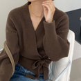 thumbnail image 1 of Cárdigan de cuello en V retro francés para mujer, abrigos de otoño 2023 con cordones, prendas de punto holgadas para mujer, suéter de manga larga liso con cintura de estilo holgado, 1 of 5