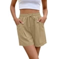 thumbnail image 5 of Frostluinai Womens Linen Shorts with Pockets Pantalones Cortos Baggy Wide Leg Lounge Shorts Elastic Waist Summer Short Trousers Beige M, 5 of 9