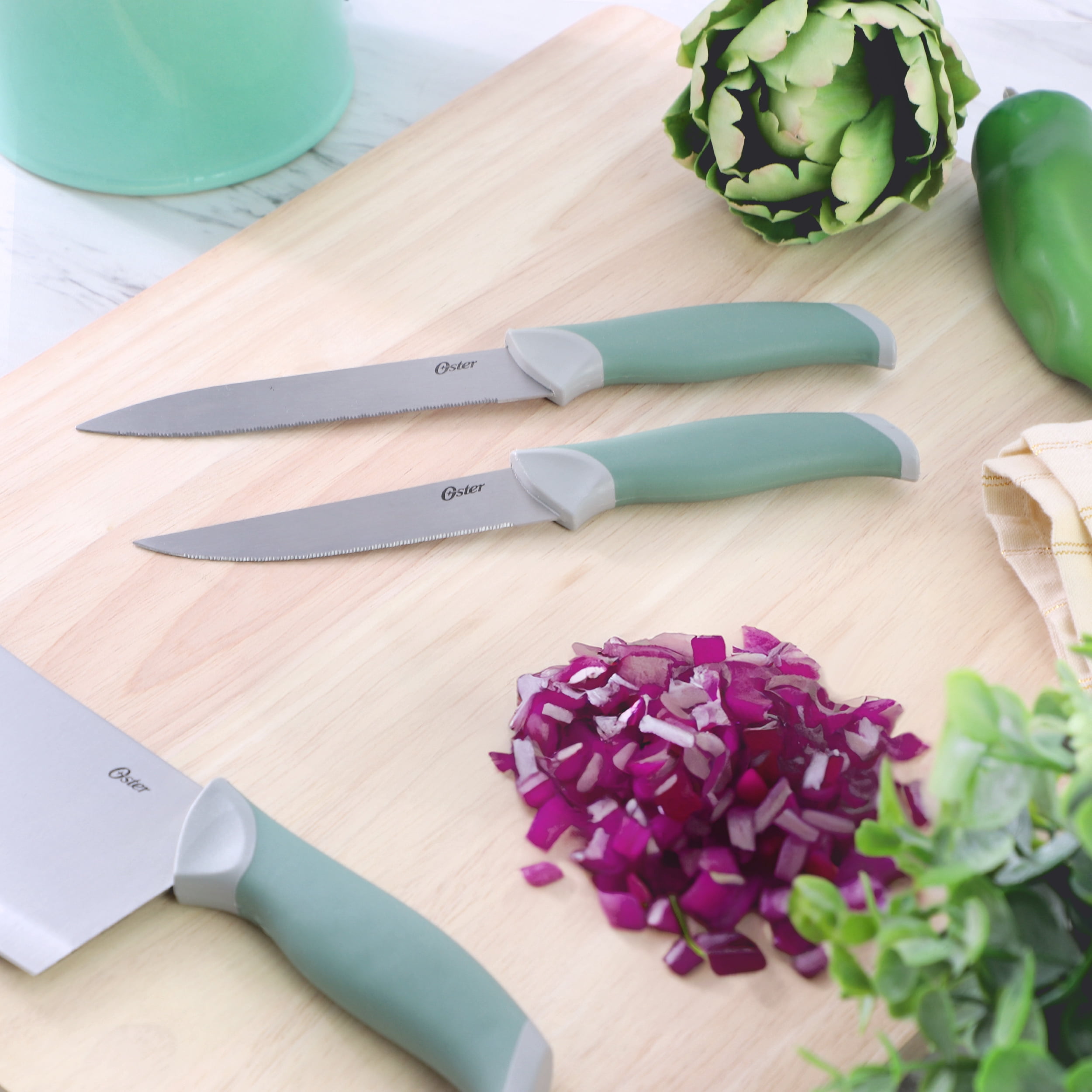 Oster Linbergh 14 Piece Stainless Steel Cutlery and Cutting Board Set in Green with Soft-Grip Handles