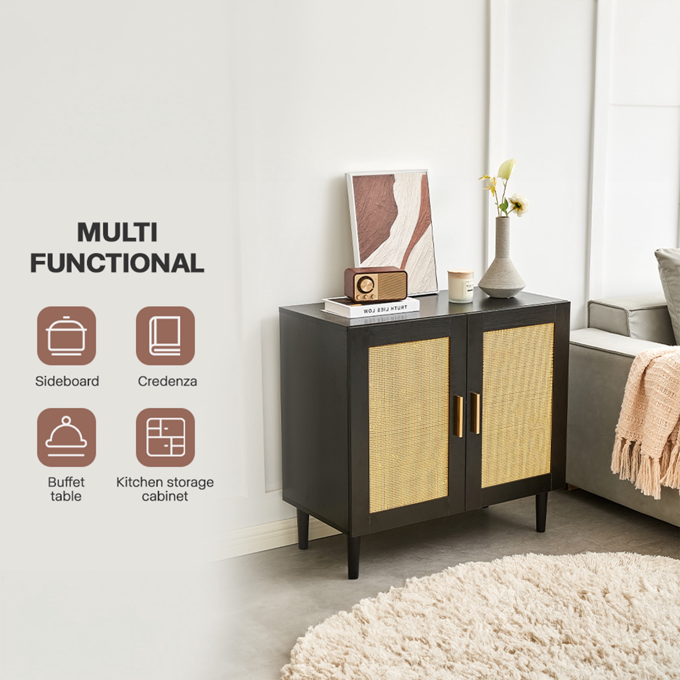 Aukfa Accent Cabinet Sideboard w/ Rattan Door for Living Room Entryway,Black