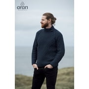 Aran Button Collar Irish Sweater 100% Merino Wool Men`s Cable Knitted Traditional Pullover Made in Ireland