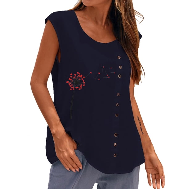Mujer Verano Casual Sin mangas Botón Chaleco Cuello redondo Blusa suelta Active Top Mujer Fridja gh2539