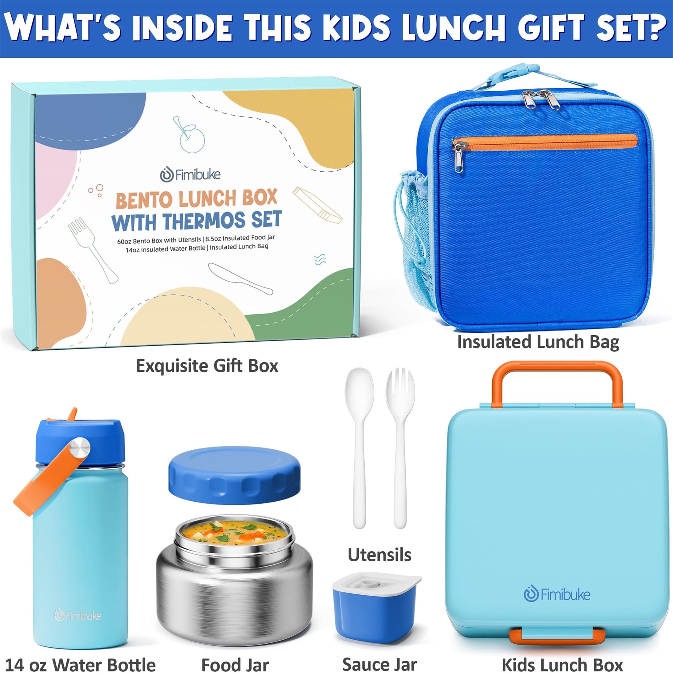 Bento Lunch Box Set for Teen Adult, Lunch Food Container 3-4 Compartment with 14 OZ Water Bottle, Food Jar, Insulated Lunch Bag, Sauce Cup, Utensils, Ocean Blue