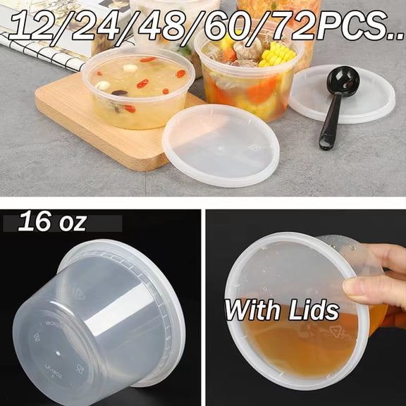 16 OZ - Plastic Deli Food Storage Containers with Airtight Flexible Lids Microwavable, Leak Free, Washable, Freezer Safe.