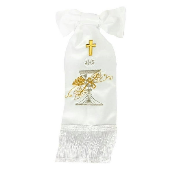 First Communion Boys White Arm Band with Embroidered Chalice with Cross