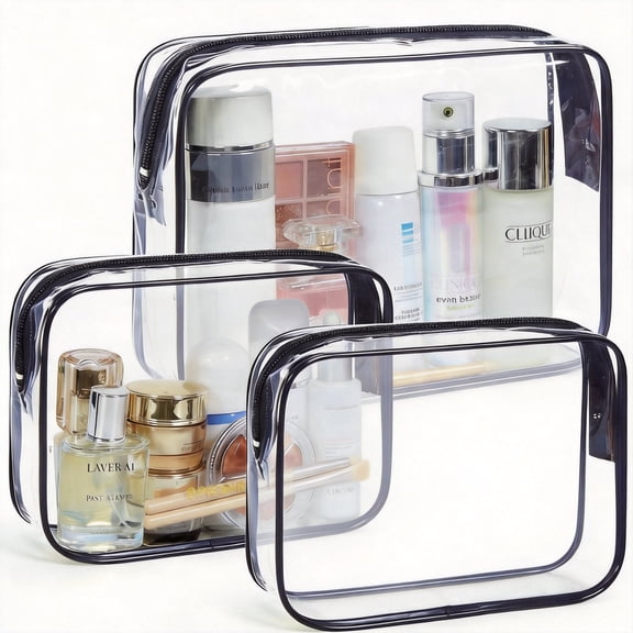 Clear Toiletry Bag 3 Pack TSA Approved Water Resistant Makeup Case Medium and Large Sizes Travel Accessories for Women Black