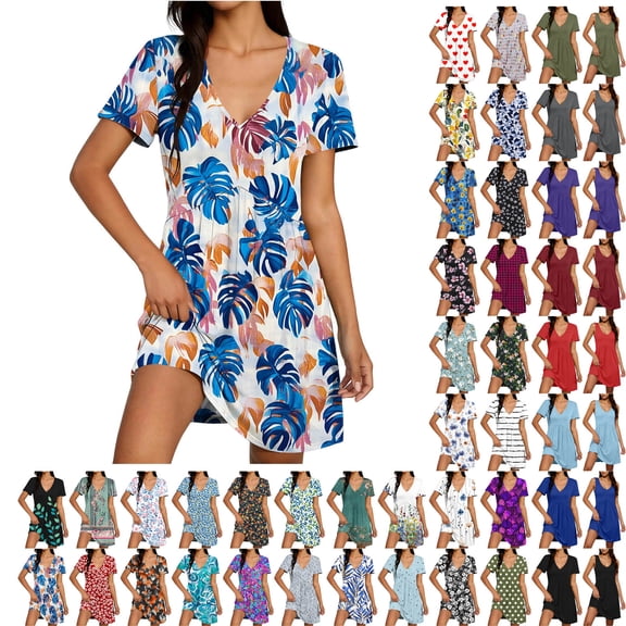 Teyfeniy Trendy Dresses for Women Summer Printed Short Sleeve V Neck Midi Dress Casual Pleated Comfy Soft Fashion Flowy Loungewear Going out Outfits
