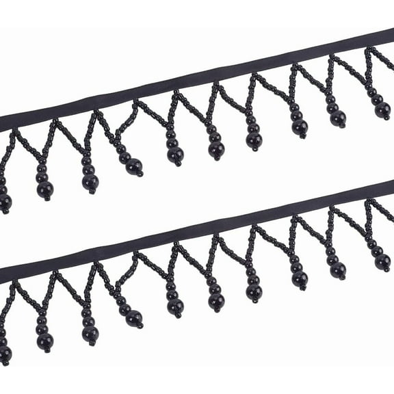 2 Yards Pearl Tassle Beaded Trim 2.2 Inch Wide Black Lace Ribbon Applique Tassel Fringe Resin Pearl Bead Edging Trimming for DIY Sewing Crafts Curtain Clothing Wedding Home Decoration