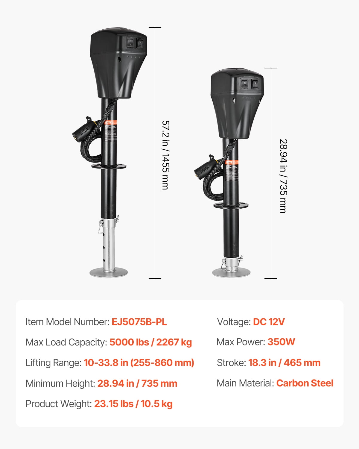 VEVOR Electric Trailer Jack, 5000 lbs, Heavy Duty RV Electric Power Tongue Jack with 7-pin Connector, Manual Crank Handle & Weatherproof Jack Cover, 10"-28.3" Lift, for Trailers, Campers & RVs, Black