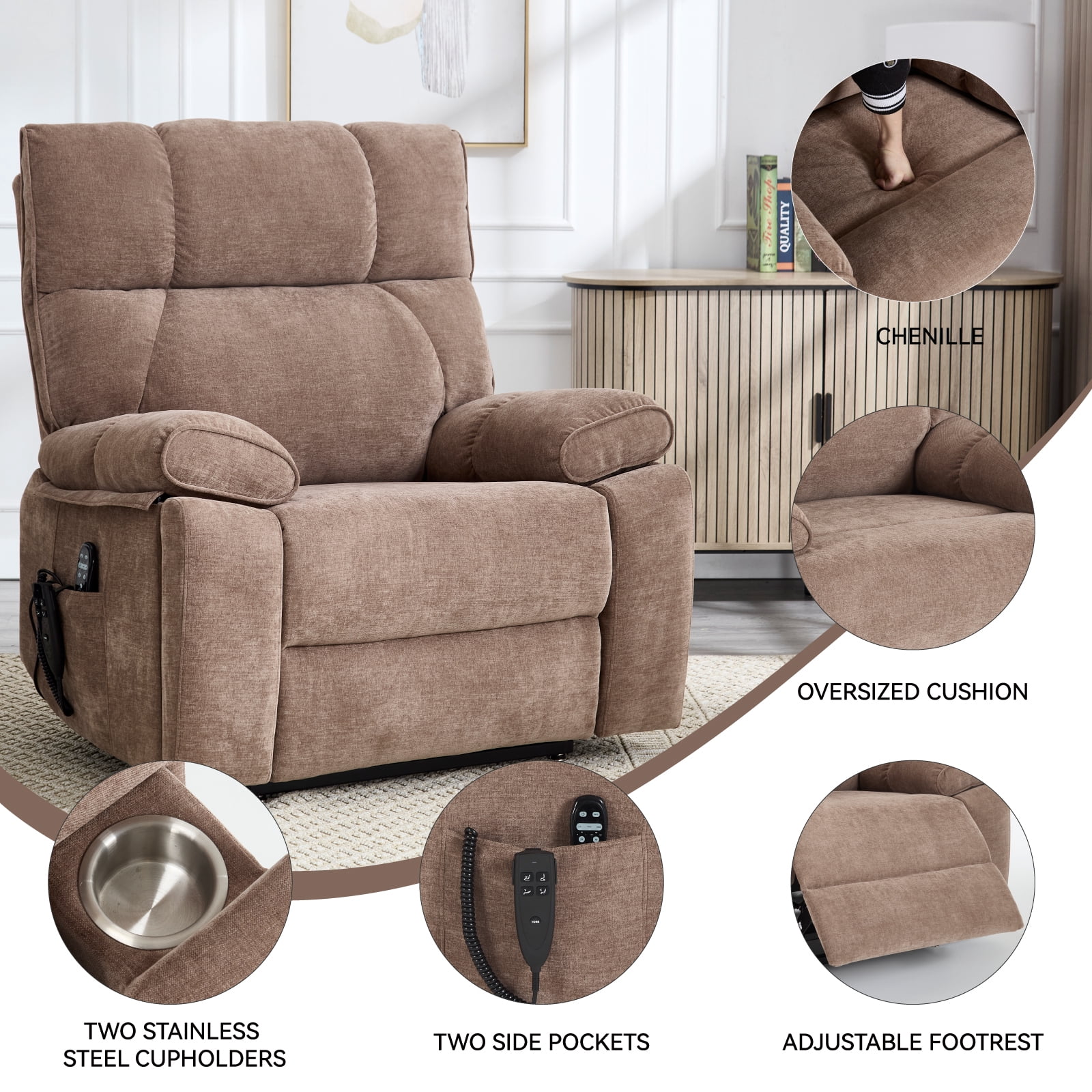 Alvantor Large Power Lift Recliner Chair for Elderly Dual Motor Chenille Electric Recliners Chair with Massage and Heat for Living Room Brown