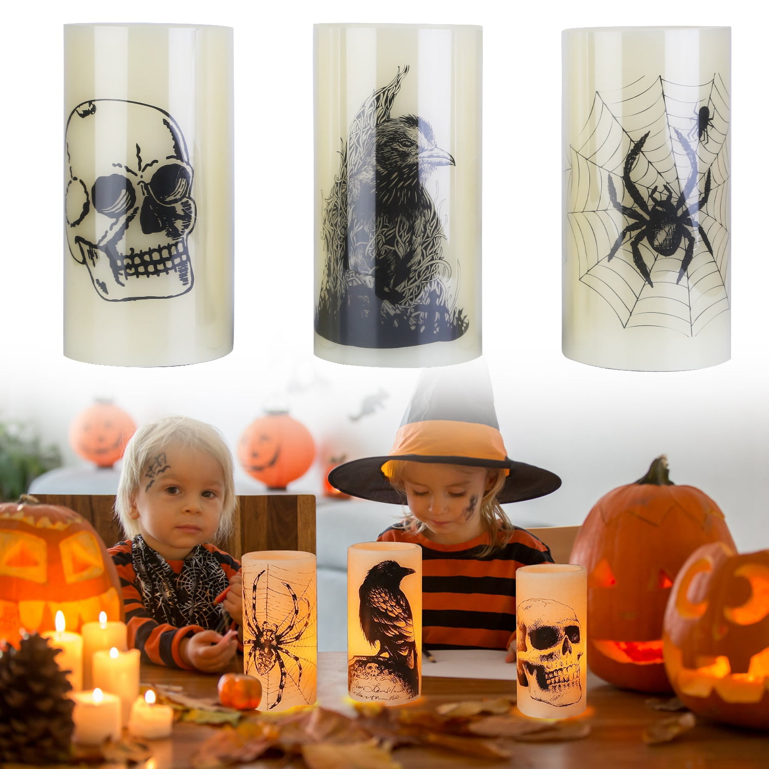 Moclever 3Pack Halloween Flameless Candles with Timer, Battery Operated LED Candle Lights, Spider Crow Skull Design for Party Decoration