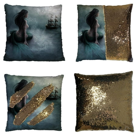 Mermaid And Ship GCKG Mermaid and the Sailing Ship Reversible Mermaid Sequin Pillow Case Home Decor Cushion Cover 16x16 inches ()