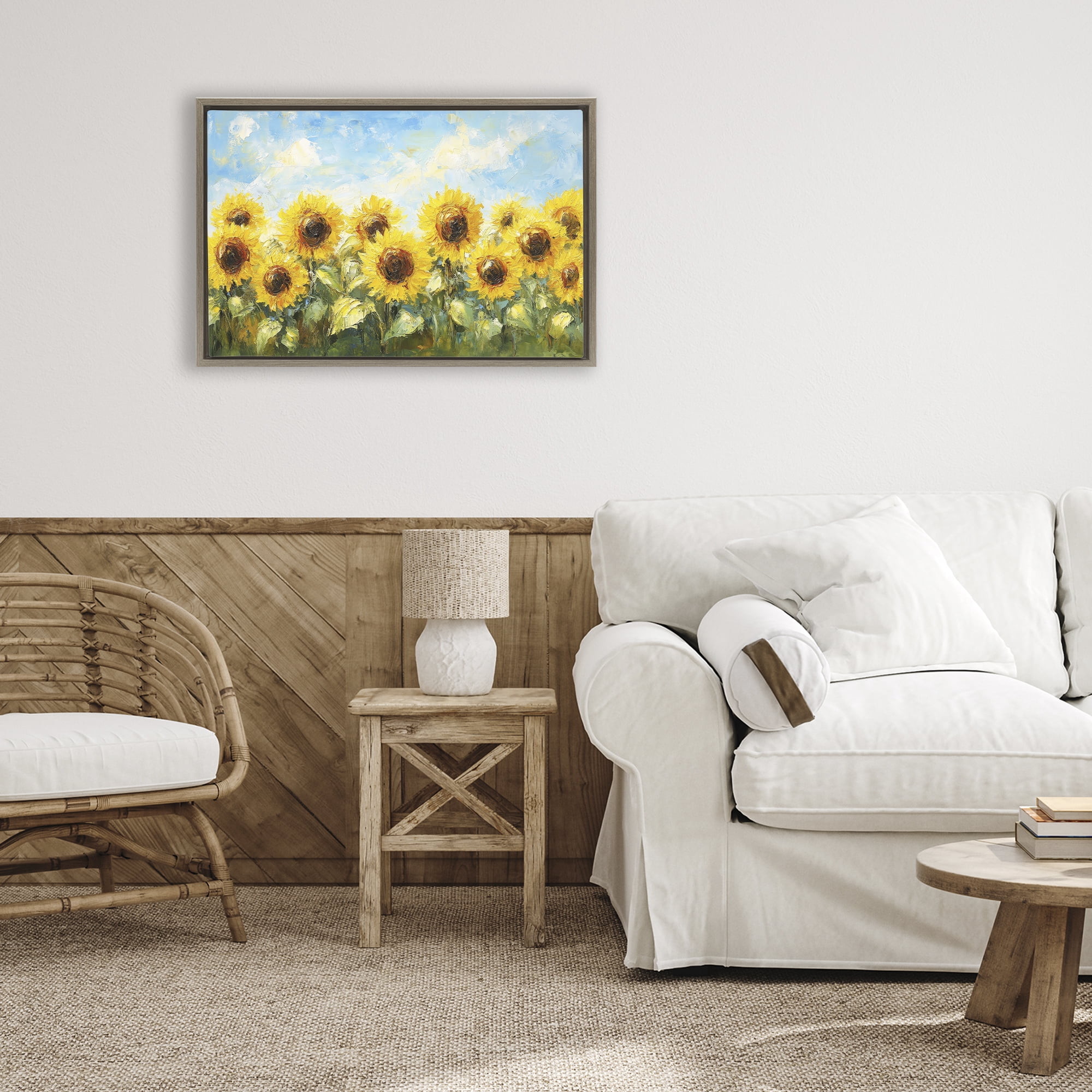 Stupell Industries Impressionist Sunflowers Horizon Brown Framed Floater Canvas Wall Art, design by Petal Prints Design