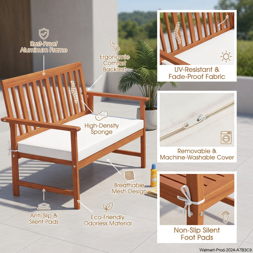 Hommoo 4-Piece Acacia Wood Outdoor Furniture Set, Wood Loveseat & Armchairs with Cushions, Coffee Table, Durable, Weather-Resistant Patio Set for Backyard, Porch & Poolside, White