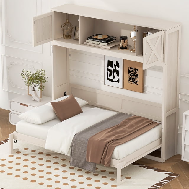 Rustic Murphy Bed Frame with Storage Cabinets,for Home Office Bedroom, Beige