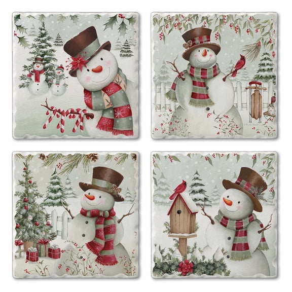 Thirstystone Brown Hat Snowmen 4-Pack Tumbled Tile Coasters