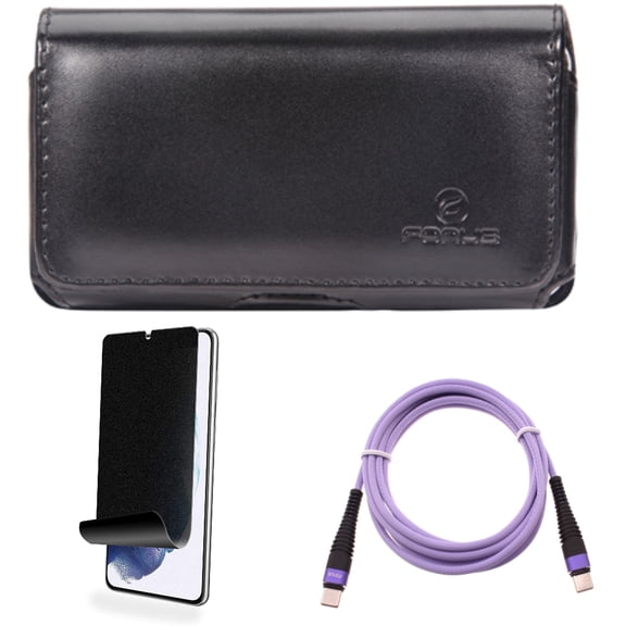 For Samsung Galaxy S21 (6.2") - [Fingerprint Works] TPU Film Privacy Screen Protector   Long Charger Cord Type-C to USB-C Purple 6ft PD Cable   Swivel Leather Case Belt Clip