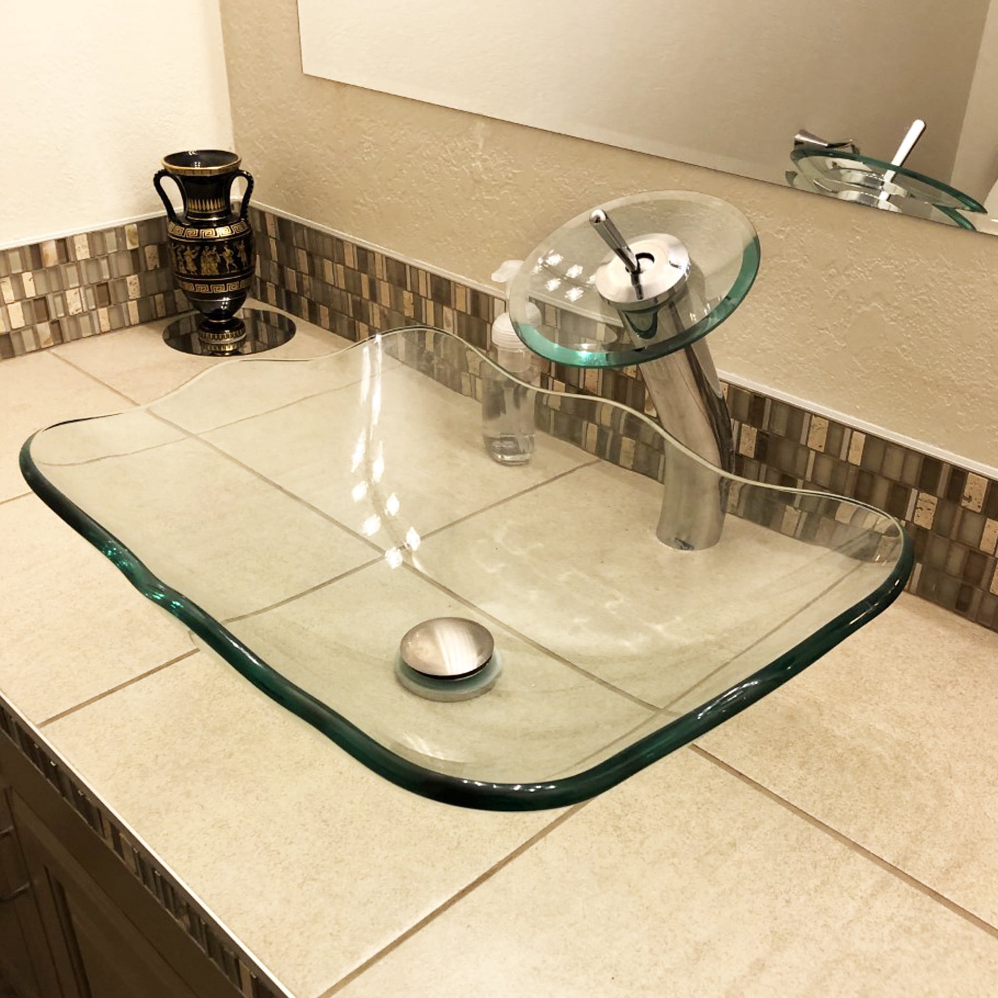 Novatto TIS-317C Elegante Clear Scalloped Glass Vessel Bath Sink, 20 Inches Wide