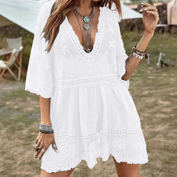Taylonsss Womens Casual Tunic Dress Solid Color V Neck Lace Trim Loose Fit Outdoor Resort Wear Beach Cover Up